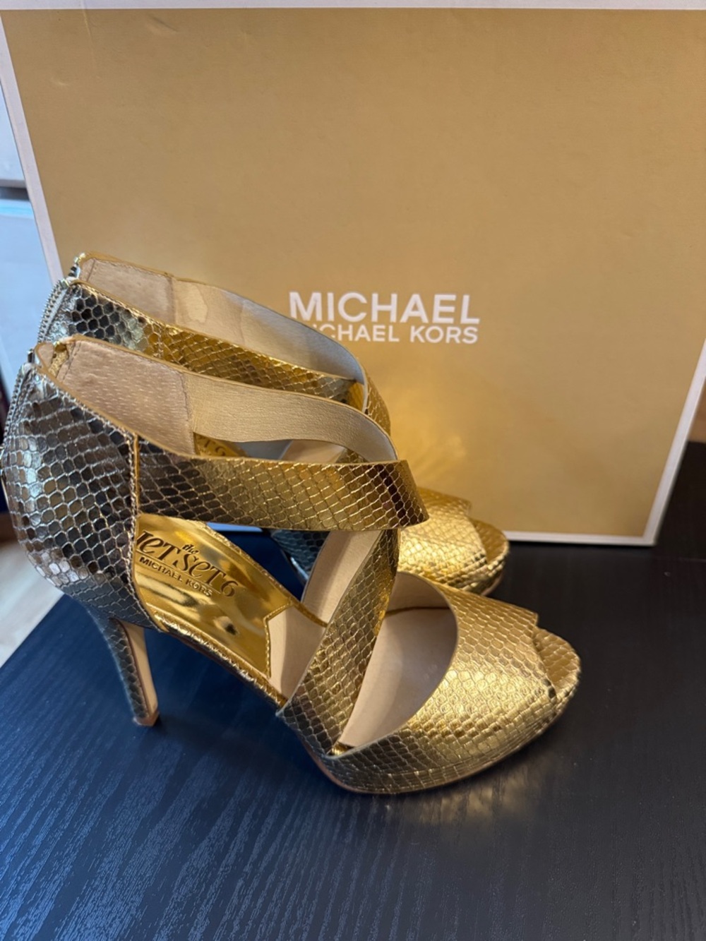 Michael Kors Gold Leather Snakeskin-Strap Stiletto Sandals